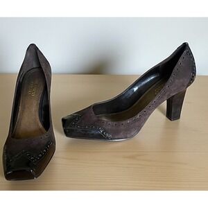 Franco Sarto‎ Brown Suede Patent Square Cap Toe Pump Heels Womans SZ 9.5M
